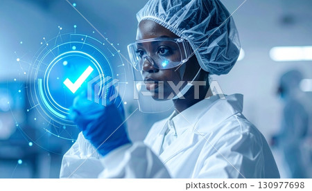 A caring female medical doctor wearing a mask and holding a syringe symbolizes the front lines of modern healthcare and medical research A caring female medical doctor wearing a mask and holding a syringe symbolizes the front lines of modern healthcare and medical research 130977698