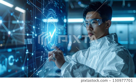 A caring female medical doctor wearing a mask and holding a syringe symbolizes the front lines of modern healthcare and medical research 130977701