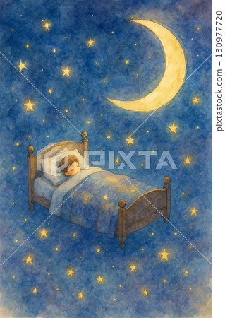 星空下的小床 孩子安睡夢境插畫 星空下的小床 孩子安睡夢境插畫 130977720