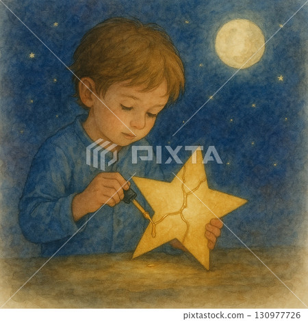 修補星星的小男孩 水彩夜空插畫 130977726