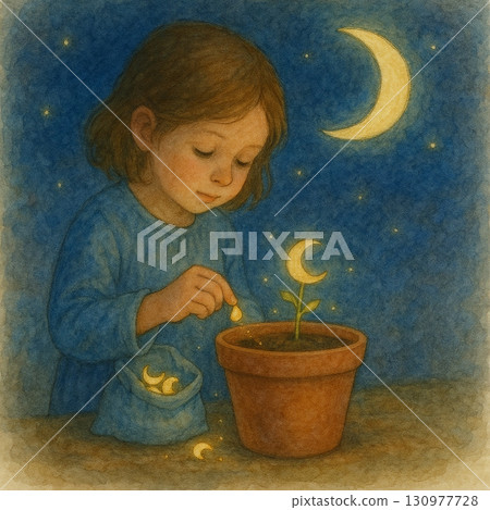 種下月亮種子的女孩 夢幻水彩插畫 130977728
