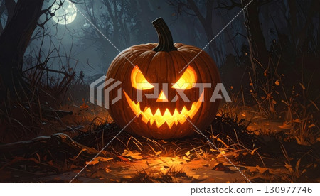 A glowing evil pumpkin lantern smiles in the dark, a spooky Halloween decoration A glowing evil pumpkin lantern smiles in the dark, a spooky Halloween decoration 130977746