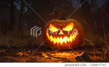 A glowing evil pumpkin lantern smiles in the dark, a spooky Halloween decoration 130977747