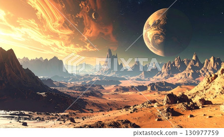 A breathtaking panoramic winter mountain landscape at sunset with snow-capped peaks under a vibrant sky 130977759