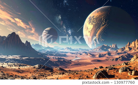 A breathtaking panoramic winter mountain landscape at sunset with snow-capped peaks under a vibrant sky A breathtaking panoramic winter mountain landscape at sunset with snow-capped peaks under a vibrant sky 130977760