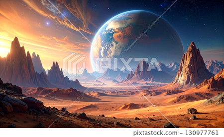 A breathtaking panoramic winter mountain landscape at sunset with snow-capped peaks under a vibrant sky 130977761