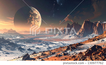 A breathtaking panoramic winter mountain landscape at sunset with snow-capped peaks under a vibrant sky 130977762