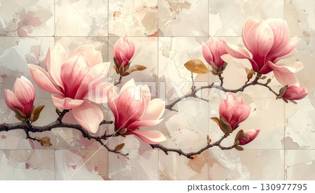 A vibrant bouquet of pink magnolia blossoms blooming on a rustic wooden background A vibrant bouquet of pink magnolia blossoms blooming on a rustic wooden background 130977795
