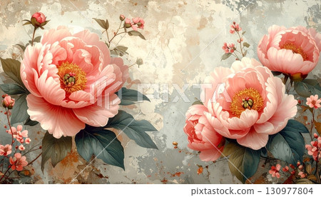 A closeup of a beautiful pink peony flower in bloom shows its delicate petals A closeup of a beautiful pink peony flower in bloom shows its delicate petals 130977804