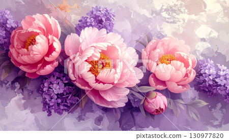 A closeup of a beautiful pink peony flower in bloom shows its delicate petals 130977820