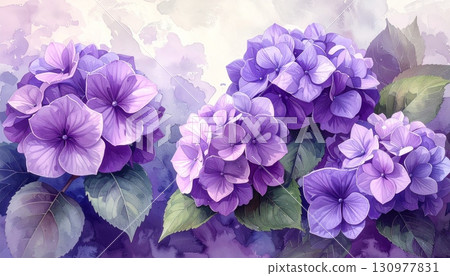 A vibrant purple iris blossom with delicate petals stands out against a verdant green background 130977831