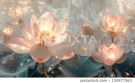 A delicate pink water lily blooms beautifully in a tranquil pond, its leaves and petals a vibrant display of nature's beauty A delicate pink water lily blooms beautifully in a tranquil pond, its leaves and petals a vibrant display of nature's beauty 130977863