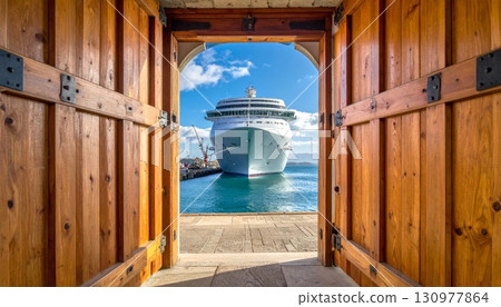 Rustic, vintage, and weathered, an old wooden church door with a peeling blue paint finish stands out against a stone wall 130977864