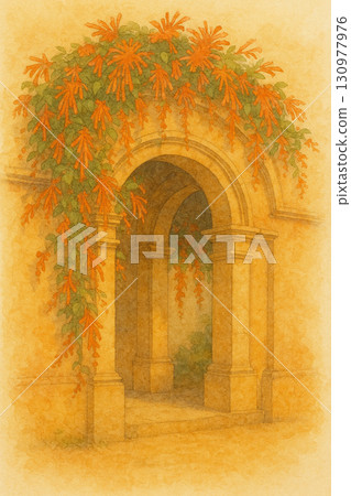European-style archway and orange trumpet creeper 130977976