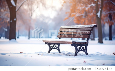 A wooden bench in a serene winter park is covered with a soft layer of white snow A wooden bench in a serene winter park is covered with a soft layer of white snow 130978182