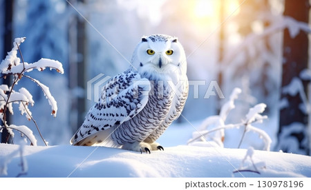 A wild snowy owl, a great horned raptor, hunts in the white winter snow 130978196