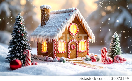 A sweet gingerbread home, decorated for a happy Christmas holiday in the snow A sweet gingerbread home, decorated for a happy Christmas holiday in the snow 130978199