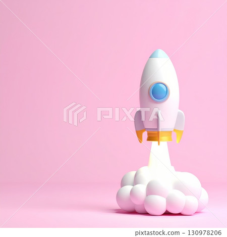 A cartoon 3d of a rocket ship on background 130978206