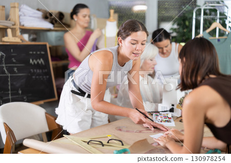 Female fashion designers drawing patterns in sewing workshop Female fashion designers drawing patterns in sewing workshop 130978254