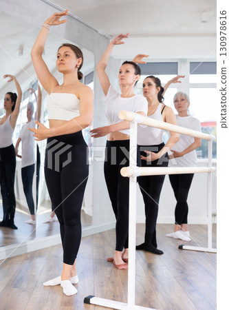 Group of women stand in position at ballet barre 130978616