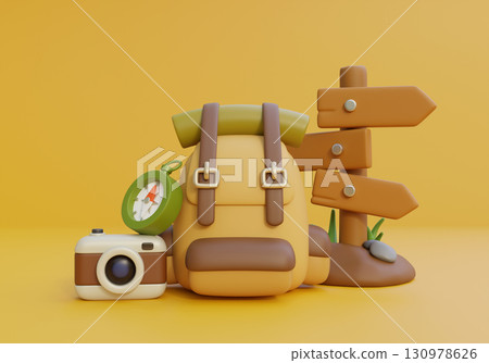 3D cartoon style camping backpack with signpost 130978626