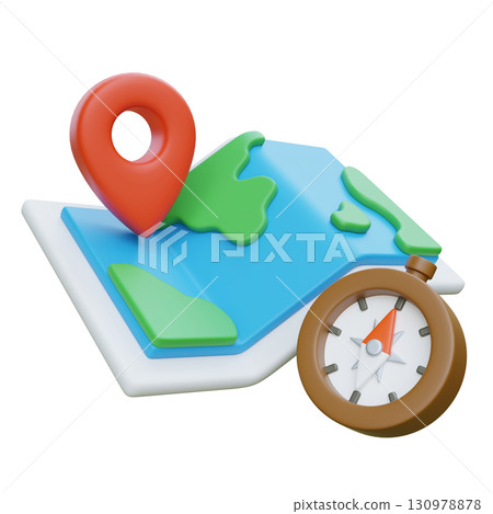 3D cartoon style Map with Location Pin and Compass 130978878