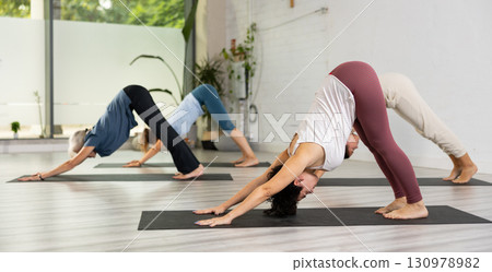 Focused Latin female practicing yoga pose Downward Facing Dog or Adho Mukha Svanasana in fitness gym group class. Healthy lifestyle and wellness concept Focused Latin female practicing yoga pose Downward Facing Dog or Adho Mukha Svanasana in fitness gym group class. Healthy lifestyle and wellness concept 130978982