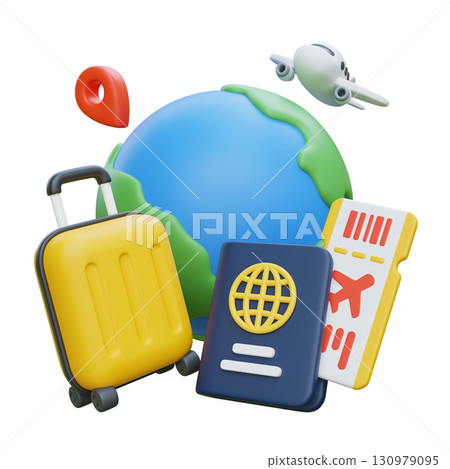 3D cartoon style Travel Planning and Vacation Concept with Globe, Suitcase, Passport, and Airplane 130979095