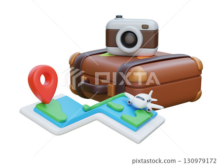 3D Cartoon Style Travel Essentials Suitcase, Camera, Map and Airplane 130979172