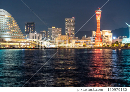 Night view of Kobe Meriken Park from the sea 130979180
