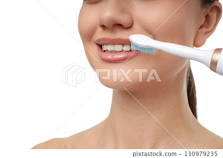 Brushing teeth with an electric toothbrush, isolated, PNG Brushing teeth with an electric toothbrush, isolated, PNG 130979235