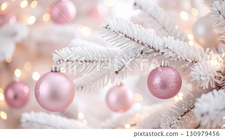[AI image] A white Christmas tree decorated with pink ornaments 130979456
