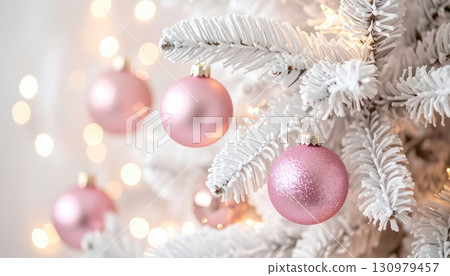 [AI image] A white Christmas tree decorated with pink ornaments 130979457