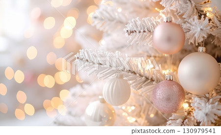 [AI 圖片] 一棵裝飾著柔和色彩飾品的白色聖誕樹 130979541