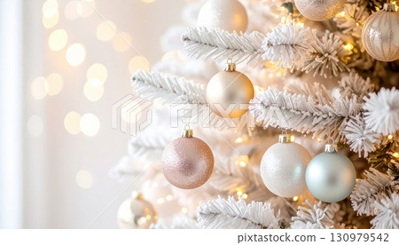 [AI 圖片] 一棵裝飾著柔和色彩飾品的白色聖誕樹 130979542