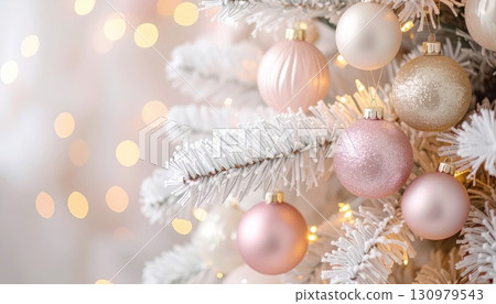 [AI image] A white Christmas tree decorated with pastel-colored ornaments 130979543