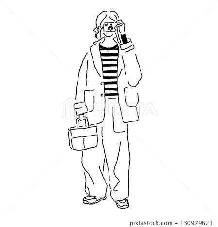 A woman holding a camera Casual fashion illustration of a big silhouette coat and wide pants A woman holding a camera Casual fashion illustration of a big silhouette coat and wide pants 130979621