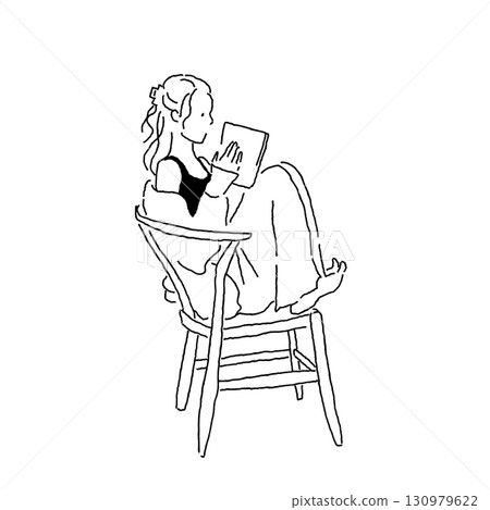 Illustration of a woman reading a book while sitting in a chair and relaxing 130979622