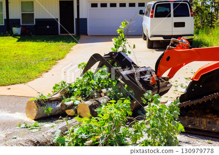 Heavy equipment clears fallen tree branches from driveway during work day in suburban neighborhood Heavy equipment clears fallen tree branches from driveway during work day in suburban neighborhood 130979778