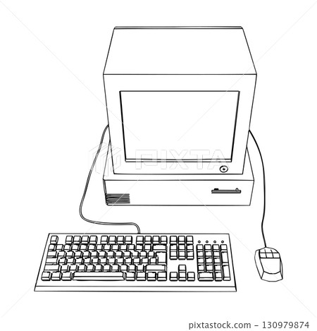 Outline for Coloring of Desktop Computer with CRT Monitor, Keyboard, and Wired Mouse. Vector Illustration. Outline for Coloring of Desktop Computer with CRT Monitor, Keyboard, and Wired Mouse. Vector Illustration. 130979874