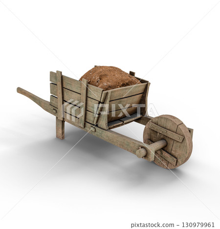 Old Wooden Wheelbarrow Filled With Soil on White Background. 3D Illustration. File with Clipping Path 130979961