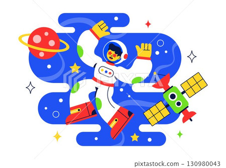 Space Tourism Illustration featuring Multinational Tourists Flying on a Rocket With Views of Outer Space Stations and Several Planets in a Background 130980043