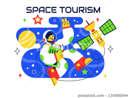 Space Tourism Illustration featuring Multinational Tourists Flying on a Rocket With Views of Outer Space Stations and Several Planets in a Background 130980044