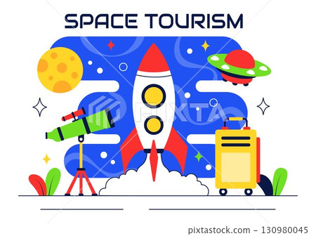 Space Tourism Illustration featuring Multinational Tourists Flying on a Rocket With Views of Outer Space Stations and Several Planets in a Background 130980045
