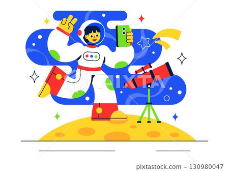 Space Tourism Illustration featuring Multinational Tourists Flying on a Rocket With Views of Outer Space Stations and Several Planets in a Background 130980047