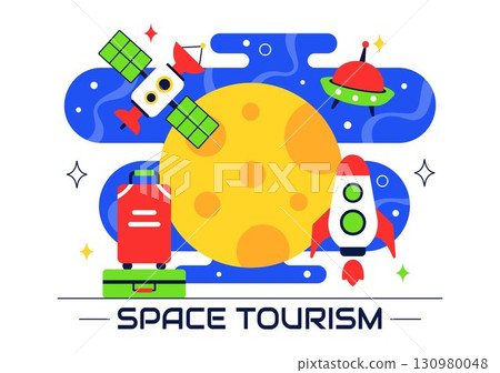 Space Tourism Illustration featuring Multinational Tourists Flying on a Rocket With Views of Outer Space Stations and Several Planets in a Background 130980048