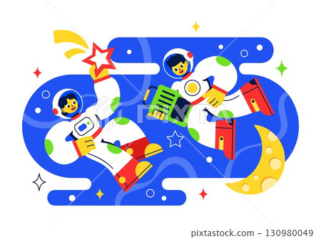 Space Tourism Illustration featuring Multinational Tourists Flying on a Rocket With Views of Outer Space Stations and Several Planets in a Background 130980049