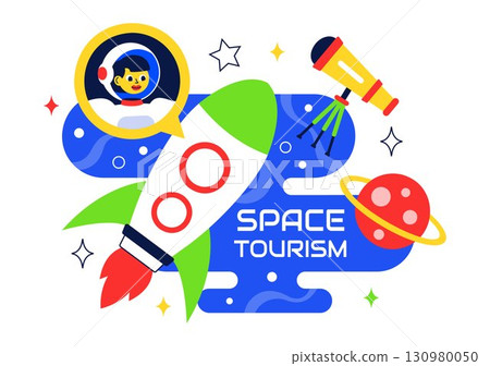 Space Tourism Illustration featuring Multinational Tourists Flying on a Rocket With Views of Outer Space Stations and Several Planets in a Background 130980050