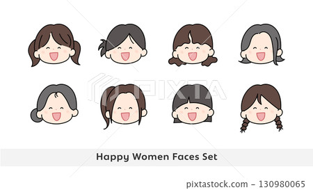 Smiling and happy cute female illustration face icon set Smiling and happy cute female illustration face icon set 130980065