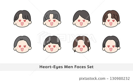 Cute man in love with heart-shaped eyes illustration face icon set Cute man in love with heart-shaped eyes illustration face icon set 130980232